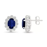 Lab Created Created Blue Sapphire and Created White Sapphire Oval Shape Stud Earring