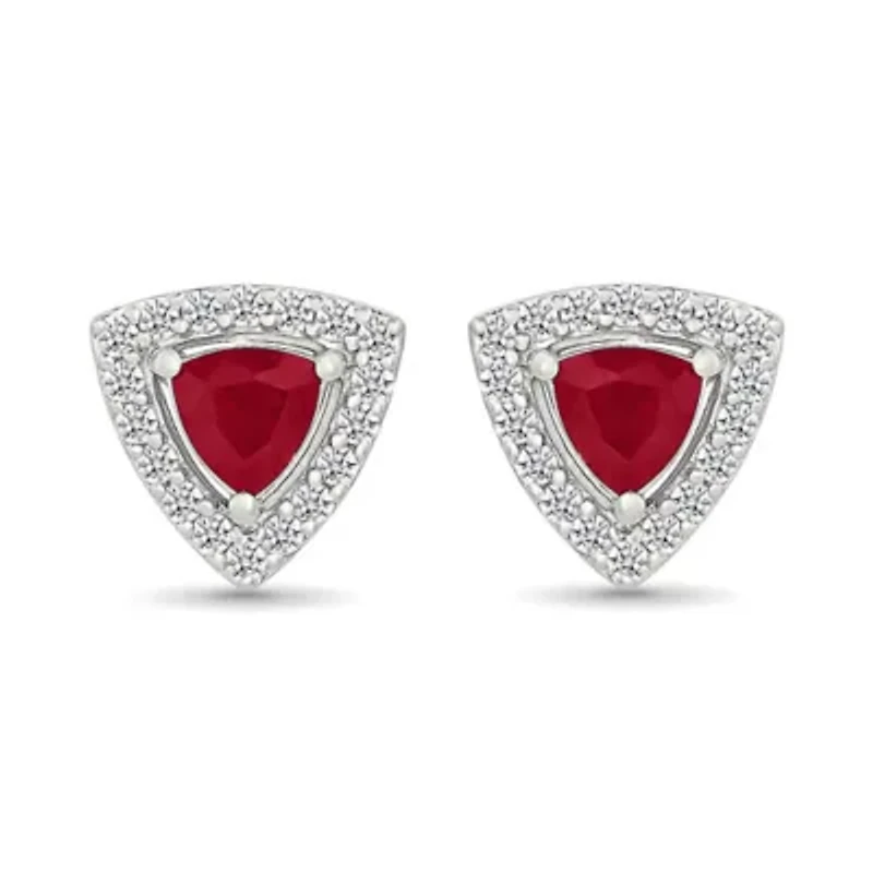 Lab Created Created Ruby and Created White Sapphire Trillion Shape Stud Earring