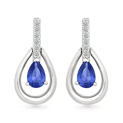 Lab Created Created Blue Sapphire and Created White Sapphire Tear Drop Earring