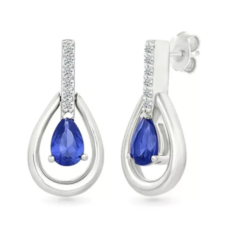 Lab Created Created Blue Sapphire and Created White Sapphire Tear Drop Earring