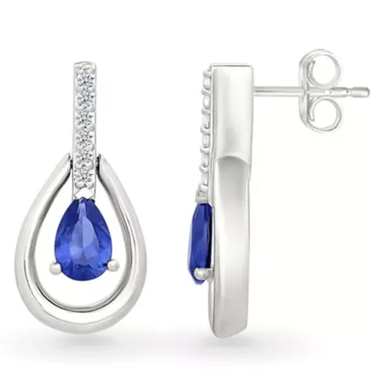 Lab Created Created Blue Sapphire and Created White Sapphire Tear Drop Earring