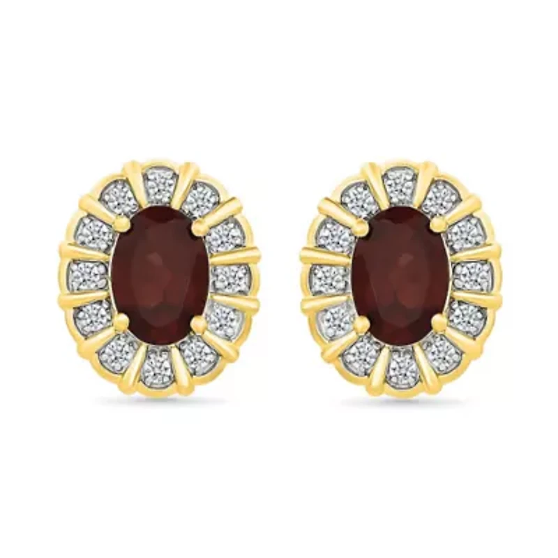Garnet and Created White Sapphire Oval Shape Stud Earring
