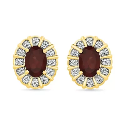 Garnet and Created White Sapphire Oval Shape Stud Earring
