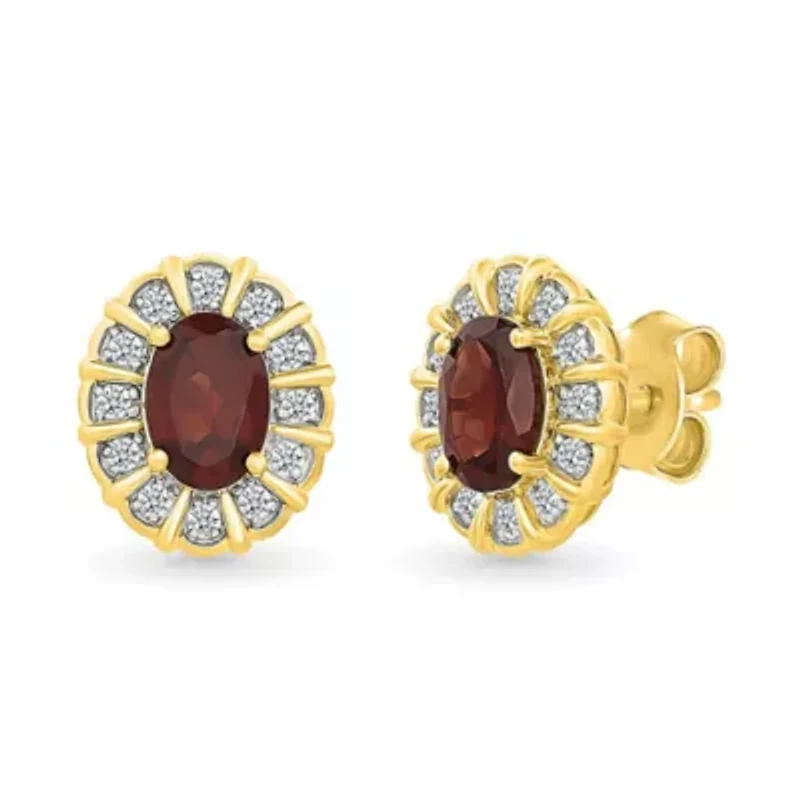 Garnet and Created White Sapphire Oval Shape Stud Earring