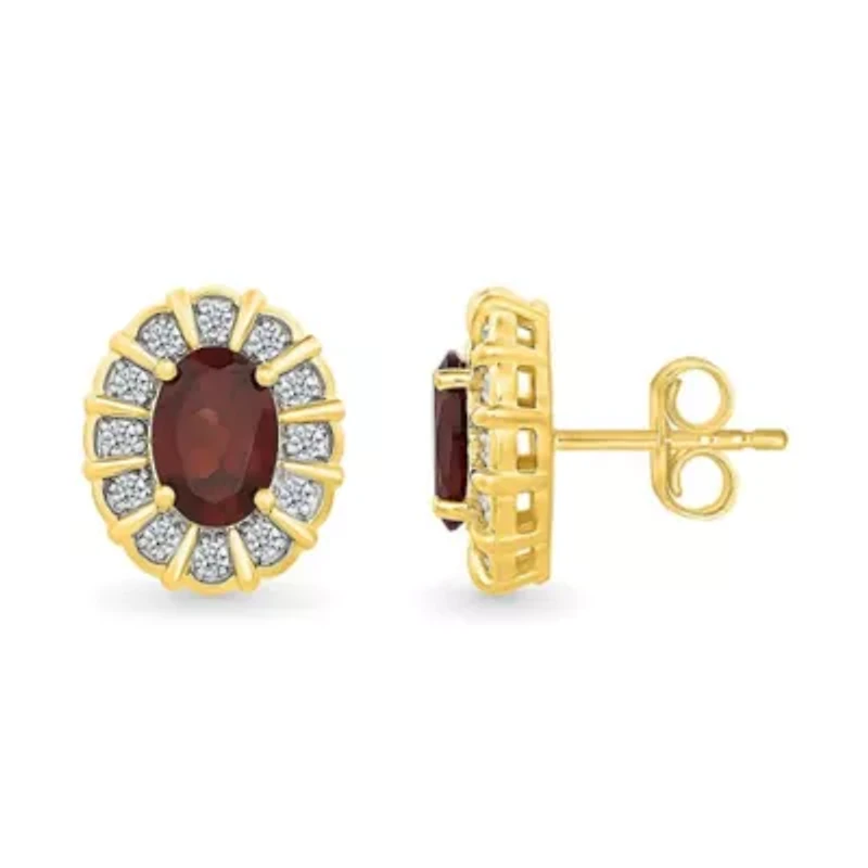 Garnet and Created White Sapphire Oval Shape Stud Earring