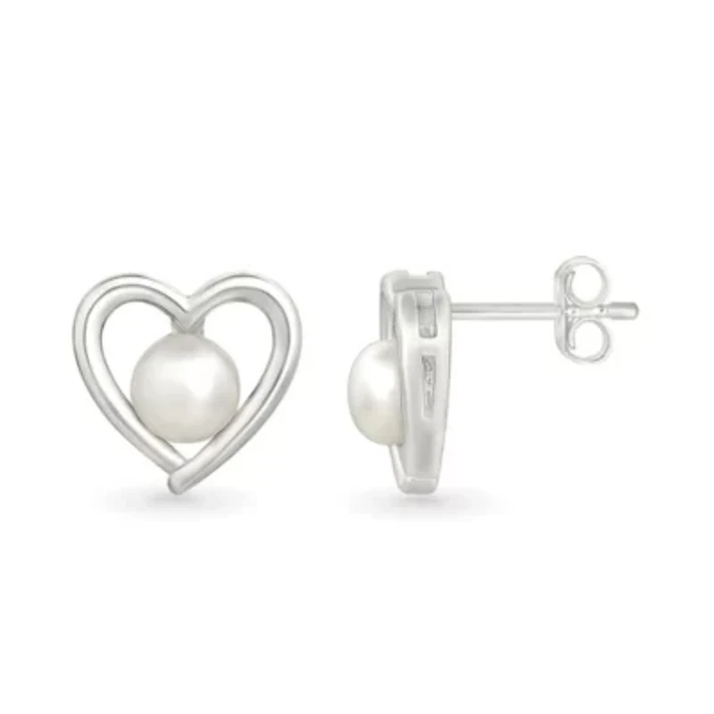 Pearl and Created White Sapphire Heart Stud Earring