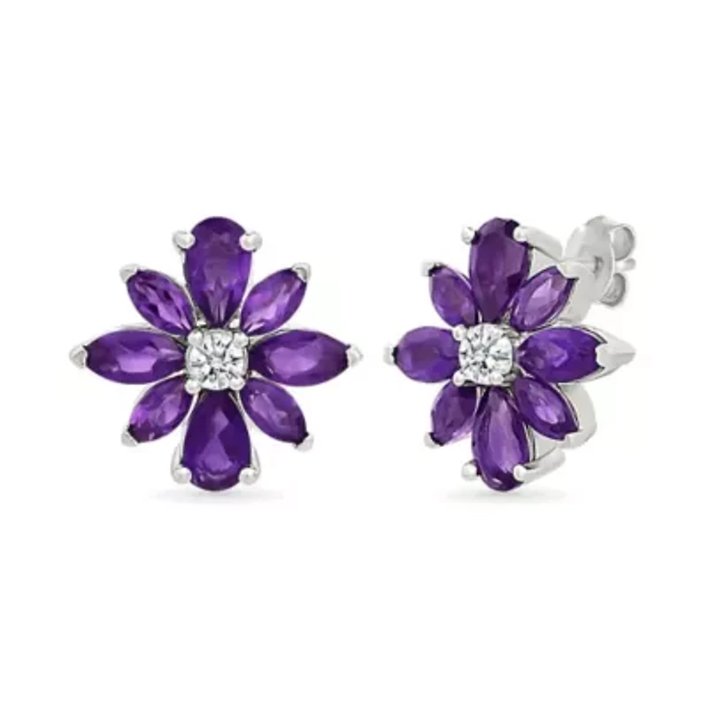 Amethyst and Created White Sapphire Flower Stud Earring