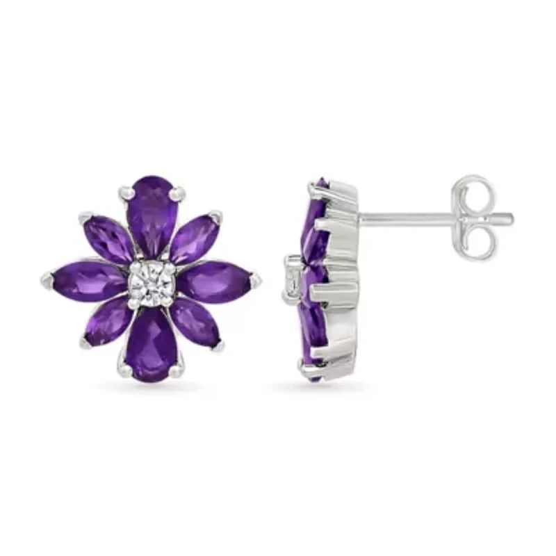 Amethyst and Created White Sapphire Flower Stud Earring