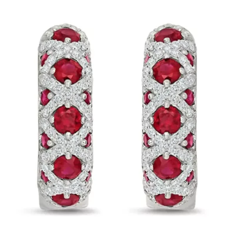 Lab Created Created Ruby and Created White Sapphire Fashion Hoop Earring