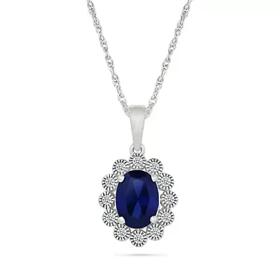 Lab Created Created Blue Sapphire and Created White Sapphire Oval Shape Pendant