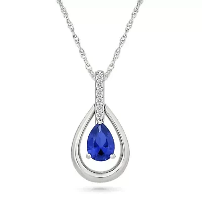 Lab Created Created Blue Sapphire and Created White Sapphire Tear Drop Pendant