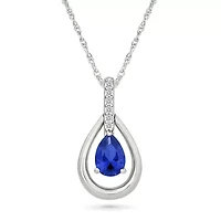 Lab Created Created Blue Sapphire and Created White Sapphire Tear Drop Pendant