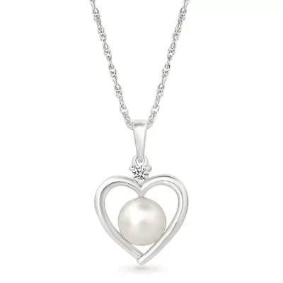 Pearl and Created White Sapphire Heart Pendant