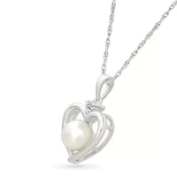 Pearl and Created White Sapphire Heart Pendant