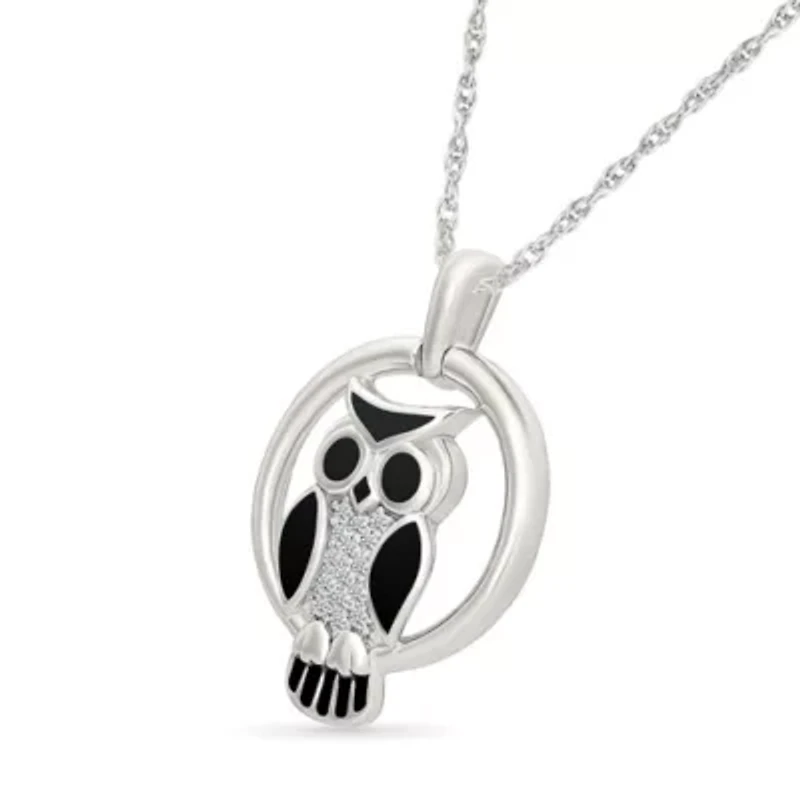 Diamond Owl Charm Circle Pendant