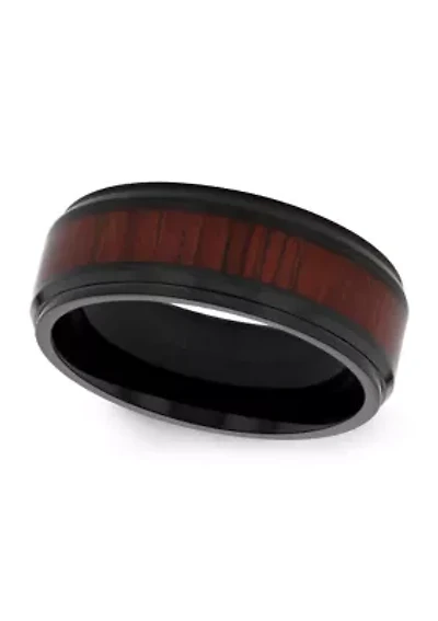 Woodgrain Inlay Beveled Band Black Stainless Steel