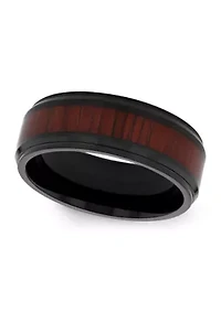 Woodgrain Inlay Beveled Band Black Stainless Steel