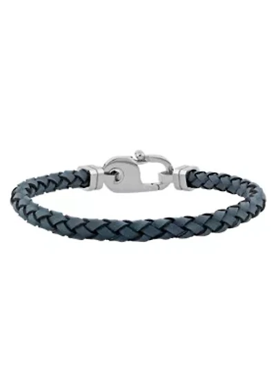 Men's Stainless Steel and Grey Leather Braid Bracelet with Fancy Clasp