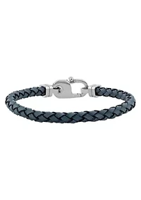 Men's Stainless Steel and Grey Leather Braid Bracelet with Fancy Clasp