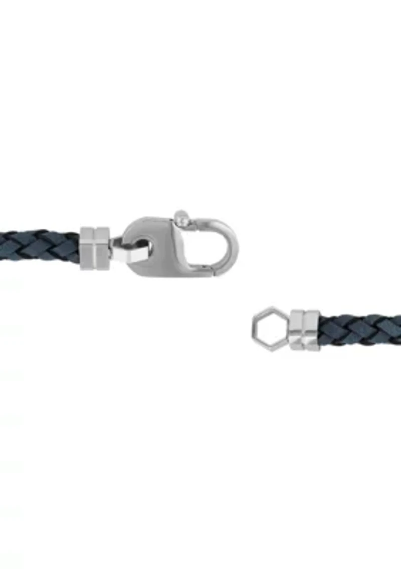 Men's Stainless Steel and Grey Leather Braid Bracelet with Fancy Clasp