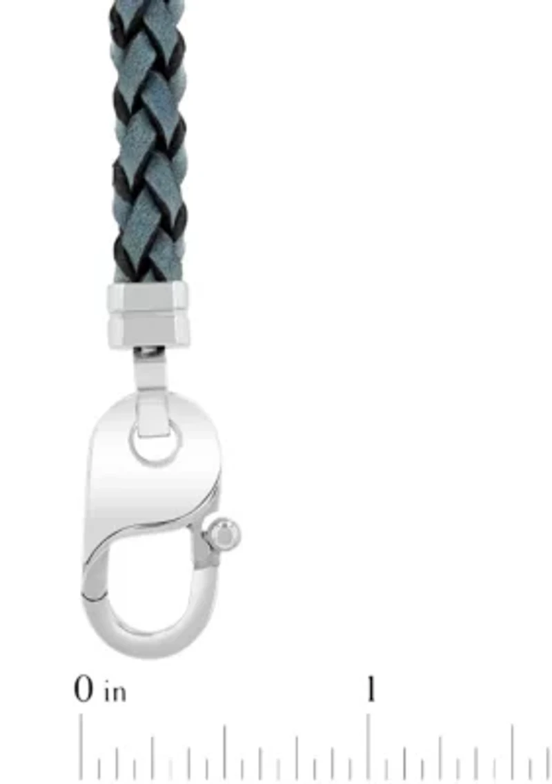 Men's Stainless Steel and Grey Leather Braid Bracelet with Fancy Clasp