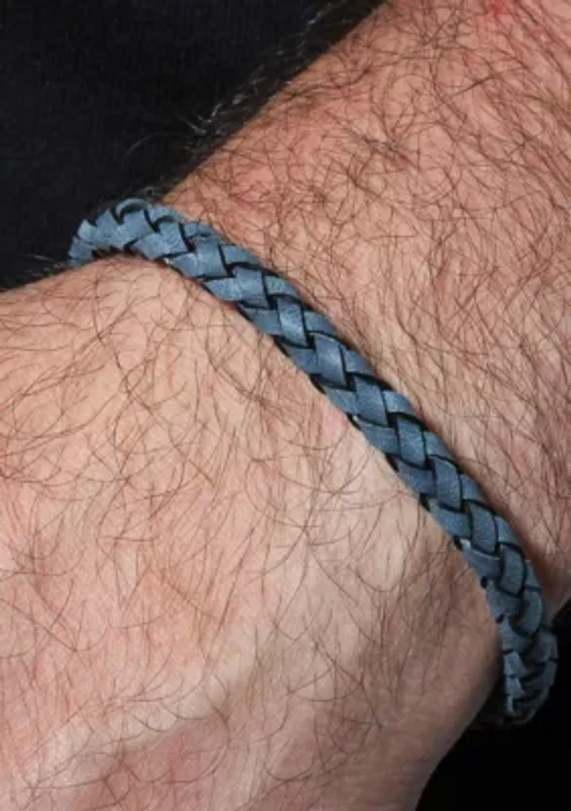 Men's Stainless Steel and Grey Leather Braid Bracelet with Fancy Clasp