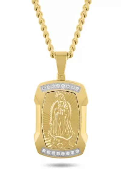 Lab Created 1/5CTW Lab Grown Diamond Men's Stainless Steel White and Yellow Two Tone Finish Our Lady of Guadalupe Pendant