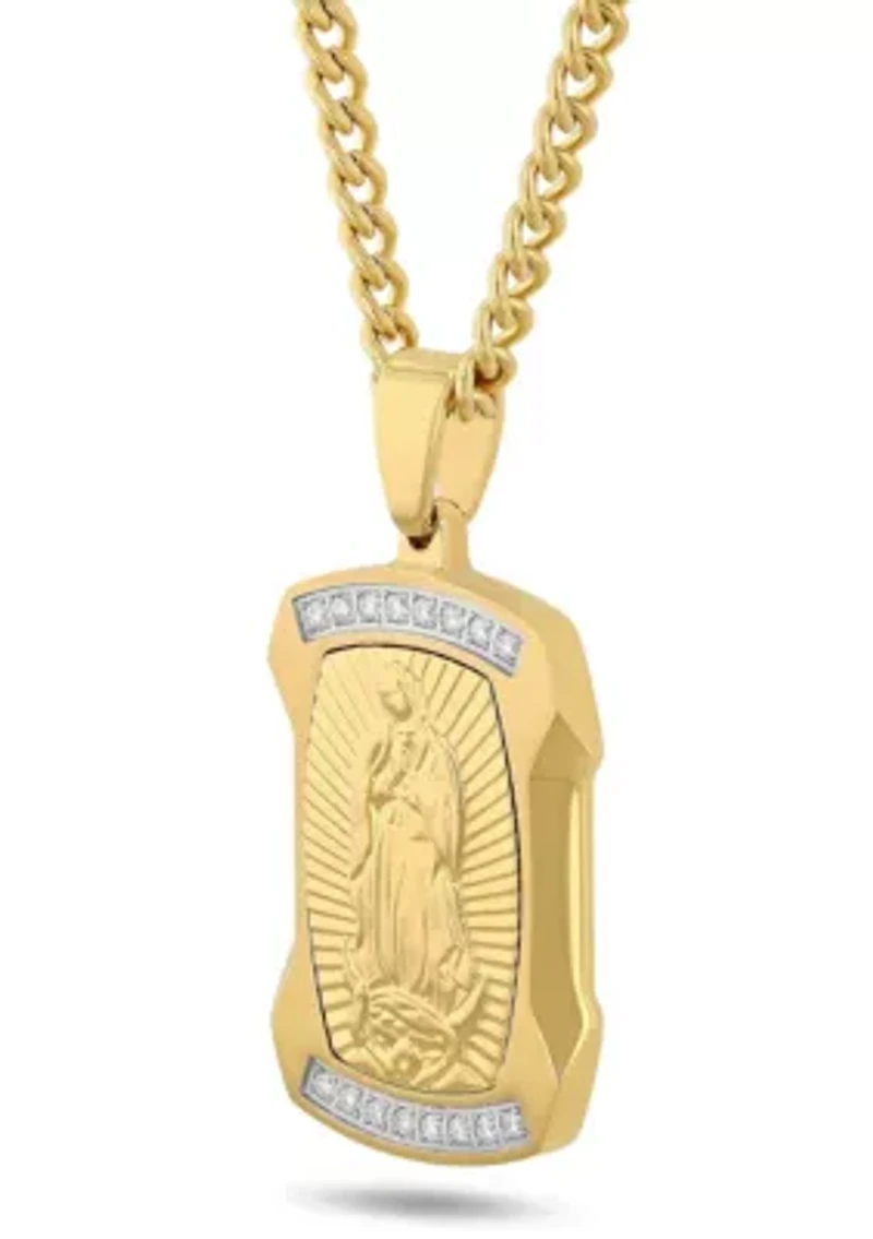 Lab Created 1/5CTW Lab Grown Diamond Men's Stainless Steel White and Yellow Two Tone Finish Our Lady of Guadalupe Pendant