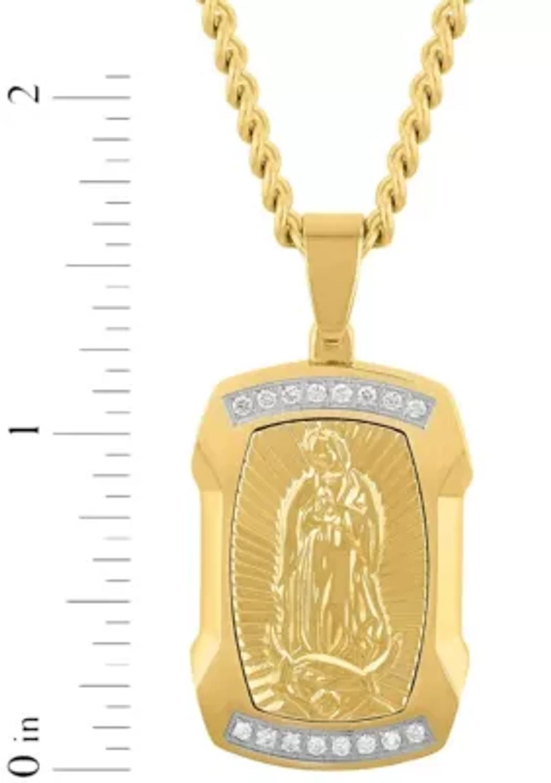Lab Created 1/5CTW Lab Grown Diamond Men's Stainless Steel White and Yellow Two Tone Finish Our Lady of Guadalupe Pendant