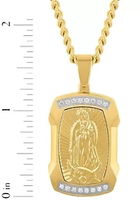 Lab Created 1/5CTW Lab Grown Diamond Men's Stainless Steel White and Yellow Two Tone Finish Our Lady of Guadalupe Pendant