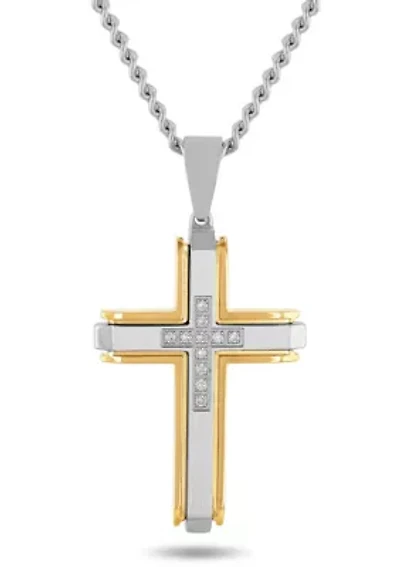 Lab Created 1/5CTW Lab Grown Diamond Men's Stainless Steel White and Yellow Two-tone Finish Cross Pendant