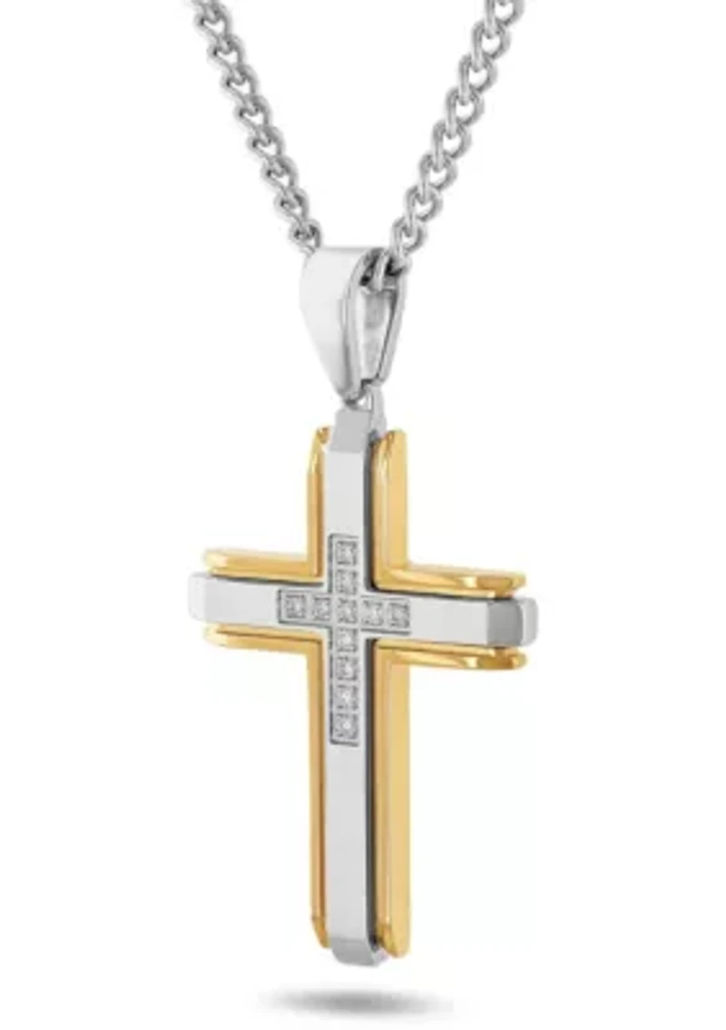 Lab Created 1/5CTW Lab Grown Diamond Men's Stainless Steel White and Yellow Two-tone Finish Cross Pendant