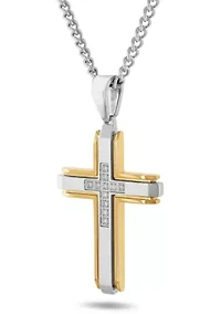 Lab Created 1/5CTW Lab Grown Diamond Men's Stainless Steel White and Yellow Two-tone Finish Cross Pendant