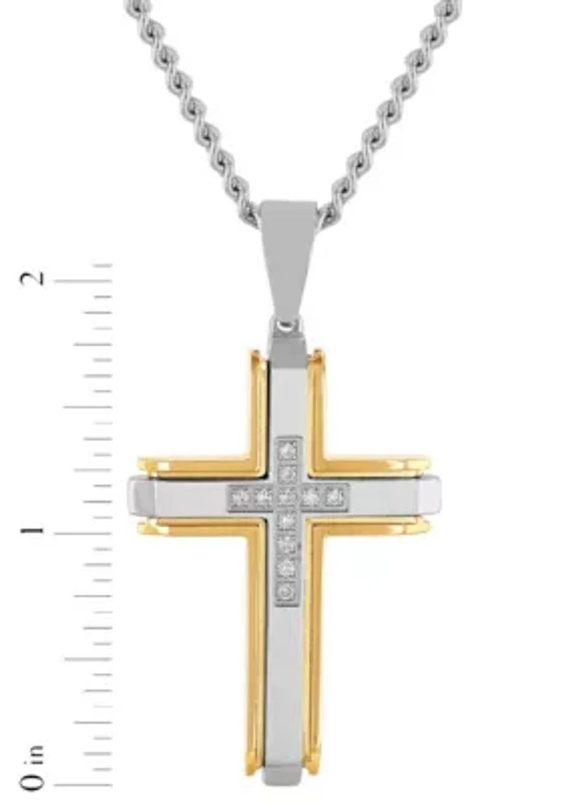 Lab Created 1/5CTW Lab Grown Diamond Men's Stainless Steel White and Yellow Two-tone Finish Cross Pendant