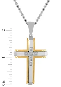 Lab Created 1/5CTW Lab Grown Diamond Men's Stainless Steel White and Yellow Two-tone Finish Cross Pendant