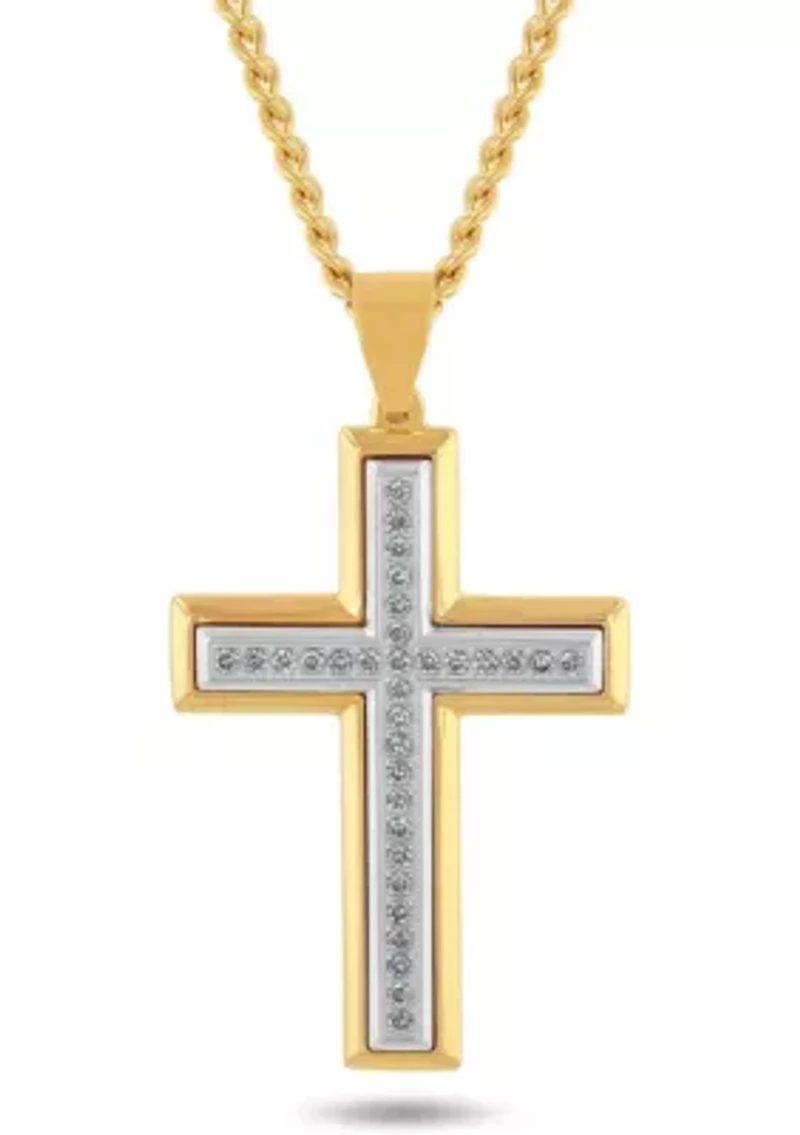 Lab Created 1/2CTW Lab Grown Diamond Men's Stainless Steel White and Yellow Two-tone Finish Cross Pendant