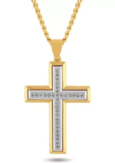 Lab Created 1/2CTW Lab Grown Diamond Men's Stainless Steel White and Yellow Two-tone Finish Cross Pendant