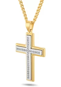 Lab Created 1/2CTW Lab Grown Diamond Men's Stainless Steel White and Yellow Two-tone Finish Cross Pendant