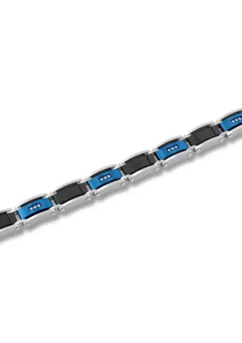Lab Created 1/10CTW Lab Grown Diamond Men's Stainless Steel Black and Blue Tone-tone Finish Link Bracelet