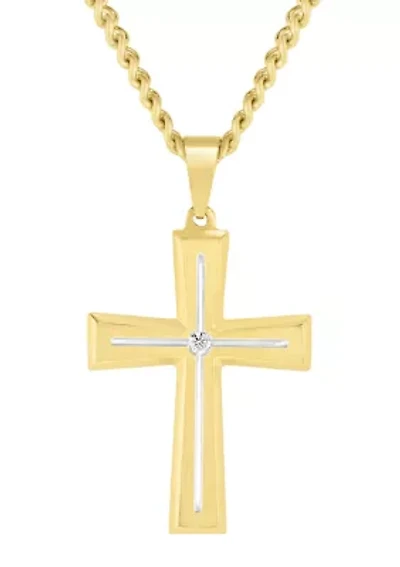 Lab Created .07CTW Men's Stainless Steel Lab Grown Diamond with Yellow Finish Cross Pendant