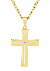 Lab Created .07CTW Men's Stainless Steel Lab Grown Diamond with Yellow Finish Cross Pendant