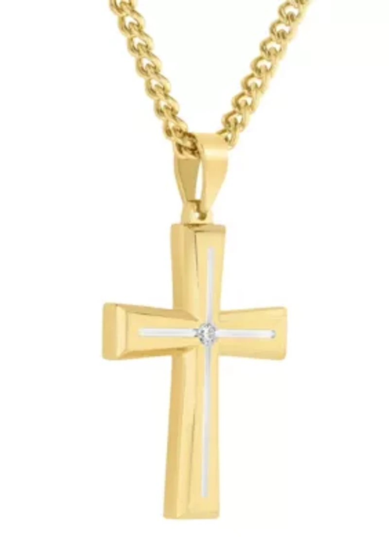 Lab Created .07CTW Men's Stainless Steel Lab Grown Diamond with Yellow Finish Cross Pendant