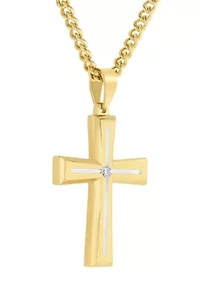 Lab Created .07CTW Men's Stainless Steel Lab Grown Diamond with Yellow Finish Cross Pendant
