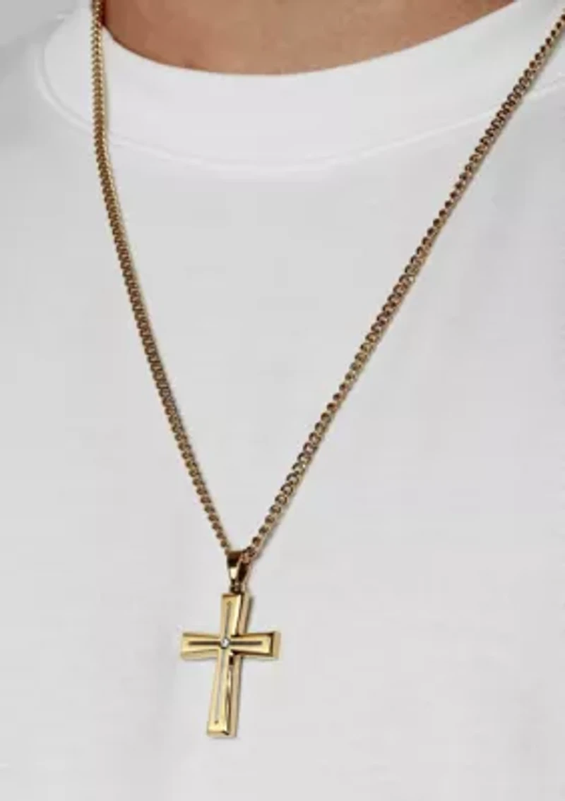 Lab Created .07CTW Men's Stainless Steel Lab Grown Diamond with Yellow Finish Cross Pendant