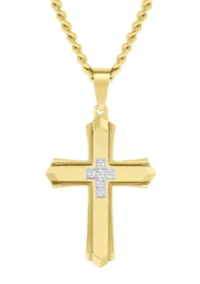 Lab Created .10CTW Men's Stainless Steel Lab Grown Diamond with Yellow Finish Cross Pendant