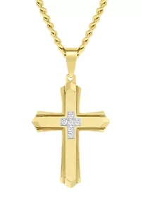 Lab Created .10CTW Men's Stainless Steel Lab Grown Diamond with Yellow Finish Cross Pendant