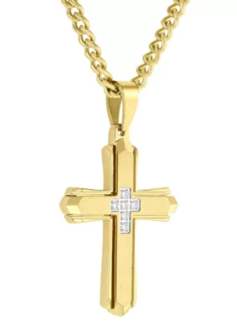 Lab Created .10CTW Men's Stainless Steel Lab Grown Diamond with Yellow Finish Cross Pendant