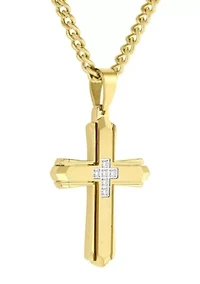 Lab Created .10CTW Men's Stainless Steel Lab Grown Diamond with Yellow Finish Cross Pendant