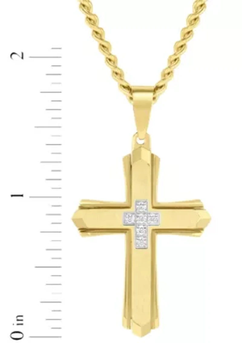 Lab Created .10CTW Men's Stainless Steel Lab Grown Diamond with Yellow Finish Cross Pendant
