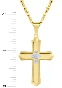 Lab Created .10CTW Men's Stainless Steel Lab Grown Diamond with Yellow Finish Cross Pendant
